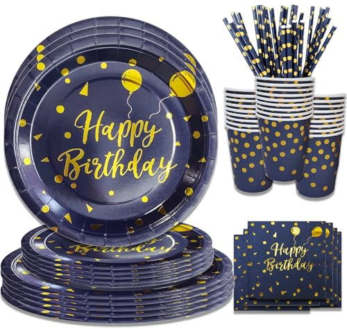 Juego de vajilla de fiesta de 80 piezas, color azul marino y dorado, tema de feliz cumpleaños, 20 invitados, platos de papel, vasos, servilletas, popotes, desechables, suministros de fiesta de