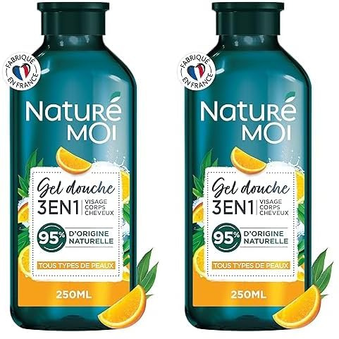 Naturé Moi - Gel Douche 3 en 1 Visage, Corps, Cheveux - Hydrate et Nourrit - À l'eau d'Orange Bio et à l'Eucalyptus de la Réunion - 95% d'Origine Naturelle - 250 ml - Fabriqué en France (Lot de 2)