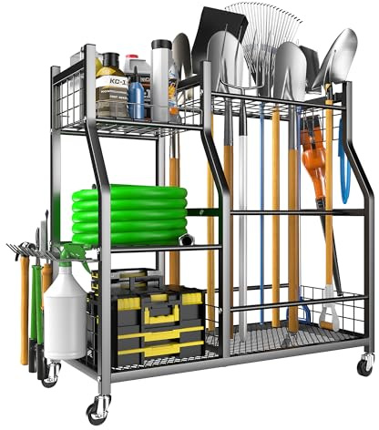EVERHANGER Garden Tool Organizer Stand, Garage Tool Storage Organization, Yard Tool Racks with lockable wheels, Fit for Long-Handled Tools/Rakes/Brooms