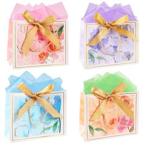 4 Stück Geschenktüten mit Seidenpapier Papiertüten Geschenktüte für Frauen mit Henkel, Klein Geschenktaschen Für Party, Geburtstag, Hochzeit, Valentinstag