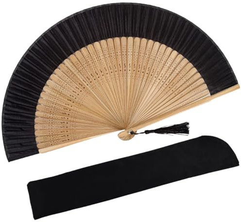 Fächer, Handfächer Schwarz, Retro Faltbare Fächer Damen, Japan/Chinesische Deko Taschenfächer, Bambusfächer mit Quaste und Fächer-Tasche, für Hochzeiten Tanz Party Haus Dekorationen