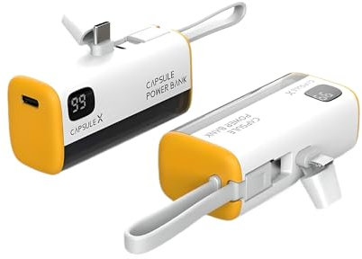 Batería Externa Portátil, Cargador de 5000mAh (Power Bank) Mini con Cable Tipo C ¡Integrado! - Cargador Móvil Pequeño para iPhone y Samsung y demás móviles, Pantalla LED, Ideal Viajes - Blanco