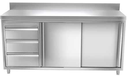 Ristoattrezzature - Tavolo in acciaio inox armadiato 150x60x85h cm con 2 porte scorrevoli e 3 cassetti sx - VS - Uso Professionale