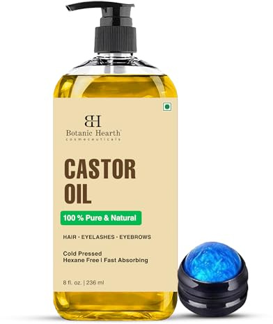 Botanic Hearth Castor Oil 8 Fl Oz with Massager – Cold Pressed - Hexane Free, 100% Natural - Pure Castor Oil Organic for Eyelashes, Hair Growth, Eyebrows, Skin, Face