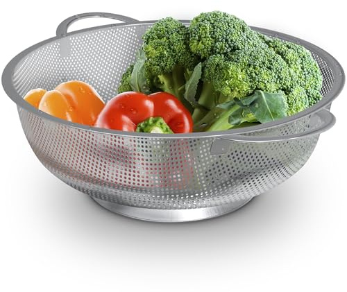 Stainless Steel Strainer Bowl With Handles - 5Qt Rice Washer Strainer Bowl for Grains, Beans, Spaghetti, Veggies, Fruits - Dishwasher Safe & Rust-Resistant Metal Strainers for Kitchen With Fine Holes