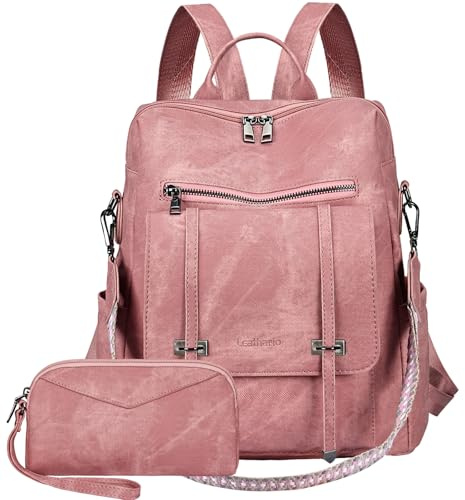 Leathario Zaino Donna in Pelle Vegana Impermeabile Antifurto,Borsa Elegante 3-in-1,Zaino da Lavoro, Viaggio e Uso Quotidiano(Rosa)