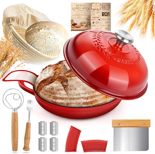 NZQXJXZ Pentola in Ghisa,Smaltata, 26cm Casseruola in Ghisa con Cestino da Lievitazione,Forno Olandese, Casseruola in Cottura in Casa, Forno, Stufa, Coperchio a Rilievo