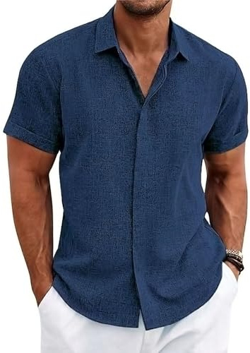 Volemo Chemise Lin Homme Chemisette Manche Courte Chemises Boutonnée Décontracté Plage Bleu XL