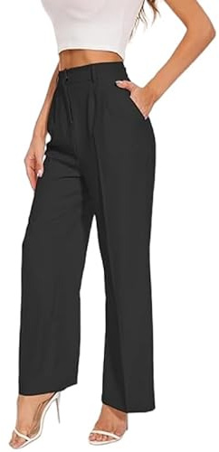 Pantalones de pierna ancha para mujer con pliegues en la parte delantera y bolsillos, pantalones largos elegantes para ropa de oficina, pantalones casuales, Negro -, XL