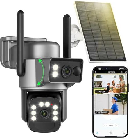 4K Caméra Surveillance WiFi Extérieure sans Fil à Double Objectif,355° PTZ avec Panneau Solaire+Batterie 15000mAh,Vision Nocturne Couleur,Suivi Automatique /Audio Bidirectionnel,PIR&Détection,Étanche