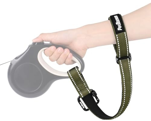 PetBonus handledsrem för hundkoppel, säkerhetsrem för utdragbart koppel, låsbar reflekterande kort promenadkoppel med mjukt vadderat handtag, extra säkerhetsskikt för husdjursvagn (armégrön)