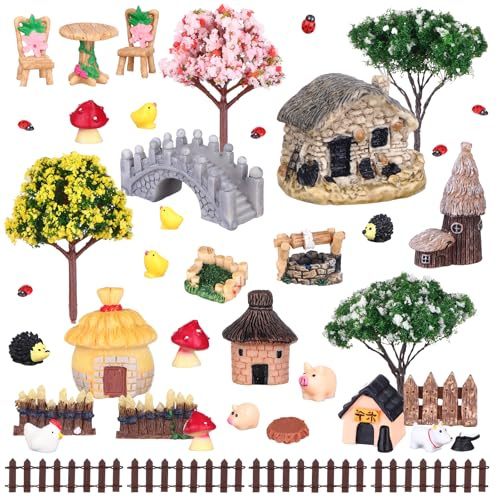 36 PCS Mini Fairy Garden Accessories Kit Enchanted Miniature House Decor | Set with Tiny Figurines DIY Micro Landscape Ornaments for Terrarium Dollhouse Succulent Craft