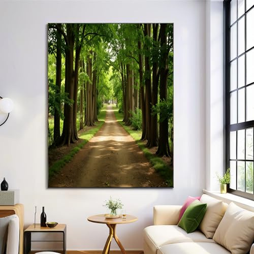 Moderne Bilder Wohnzimmer Poster 80x120cm Hochformat, Landschaft Wald Weg Grün Leinwand Bilder Deko, Wandbilder für Wohnzimmer Schlafzimmer Ohne Rahmen