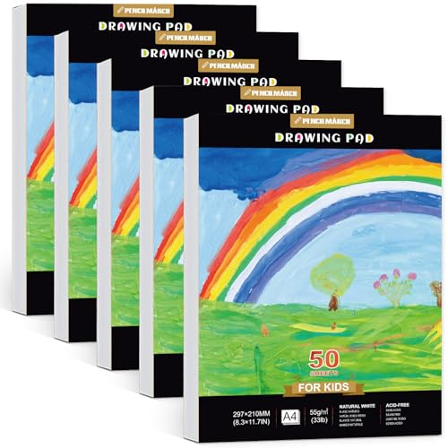 PENCILMARCH A4 Drawing Pad for kid – 5 Pack (250 Sheets in Total), Sketch Pad and Colouring Book for kid, Teen Arts and Craft Activities