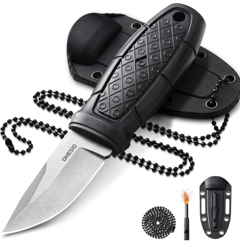 Omesio Coltello Da Collo Edc, Lama in Acciaio 5cr14mov Da 6 Cm, Robusto Manico in PP, Con Fodero in Abs, Catena a Sfere e Fischietto, Adatto Per Il Campeggio e La Sopravvivenza Nella Natura Selvaggia