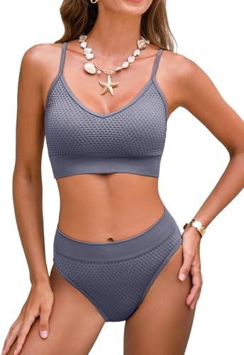 CUPSHE Conjunto de bikini para mujer, traje de baño deportivo de dos piezas, tiro medio, cuello redondo, tirantes delgados ajustables, texturizado, midkini