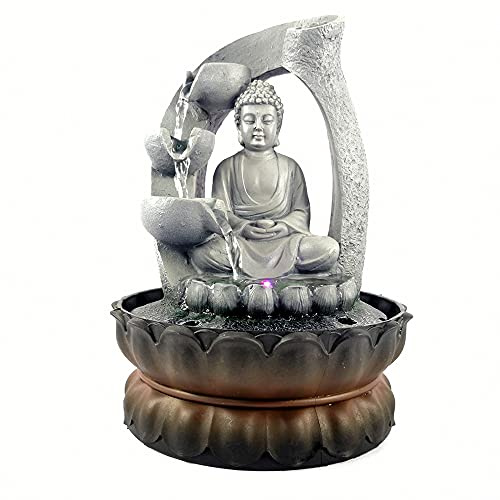 Figura de Buda, fuente de escritorio con iluminación LED, objeto de agua interior, artefacto de resina, fuente de mesa para decoración del hogar, casas de té, clubes, locales comerciales, vestíbulos