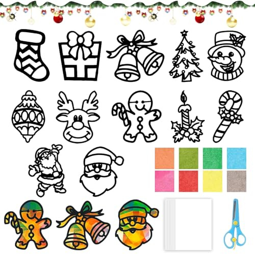 12 Stück Weihnachten Basteln Kinder,Bastelsets Fensterbilder Weihnachten,Fenster Sticker Schablonen DIY,Bastelset Weihnachtsdeko,Kreativsets Weihnachtsbasteln,Geschenk Wand Fenster Raumdekoration