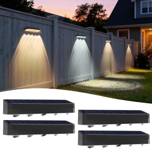 ROMANJOY Solar Fence Lights Outdoor, Warm/Neutral/Cool White 3 Color, 4Pack | 5LED 60LM, IP65 Waterproof Solar Powered Deck Lights, 60° Spotlights, Solar Lights for Outside Railing/Patio/Stair/Wall