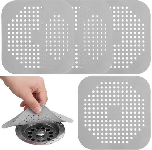 TIESOME 4 Stück Abflusssieb Silikon, 14.5 x 14.5cm Haarfänger Dusche Badewanne Abflussabdeckung rutschfest Leicht zu Reinigen Universell für Badezimmer Badewanne & Küche(Grau)