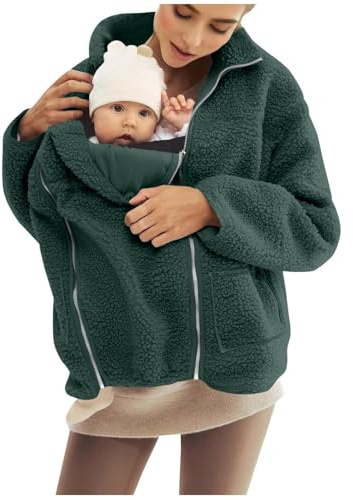 Womens 2 in 1 Maternity Coat Warm Fleece Jackets with Baby Wearing Elegant Stand Collar Maternity Coats Fluffy Long Sleeve Thicken Overcoat Winter Full Zip Up Thermal Outwear Pregnancy Clothing