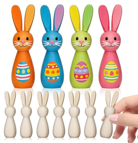 TEHAUX 12 Stück Unbehandelte Holzhasen Rohlinge zum Bemalen(8cm) - Blanko Holzfiguren mit Langen Ohren Kinder Diy Osterdeko & Bastel Rohlinge für Osterhasen Figuren, Tischdeko & Frühlingsbasteln