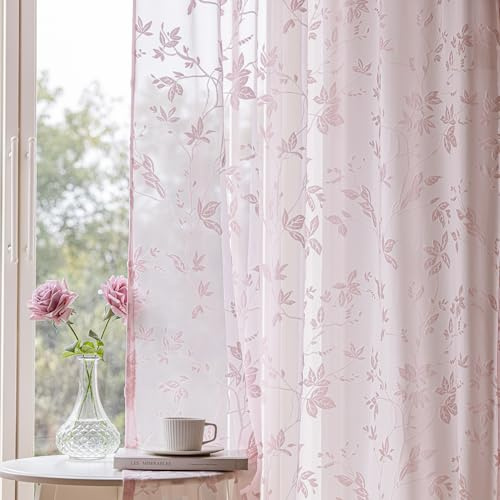 FAPLIGLISY Tufted Pink Sheer Curtains 84 Inches Long for Living Room Bedroom, Fluffy Jacquard Floral Design Window Curtain Drapes, Rod Pocket Light Filtering Privacy Semi Sheers, 54 X 84
