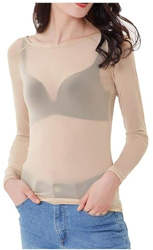 Camiseta de manga larga para mujer, color piel transparente, parte superior de malla, camiseta de malla sexy, transparente, de manga larga, body, tops, ropa interior, blusa de tul, informal, ropa de