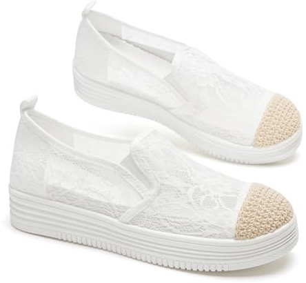 GLAMORA Bailarinas Mujer Manoletinas Zapatos Planos Slip On Transpirables Encaje Verano Suela Goma Antideslizante Plataforma Ligera Cómodos Calados Mocasines Elásticos white-38