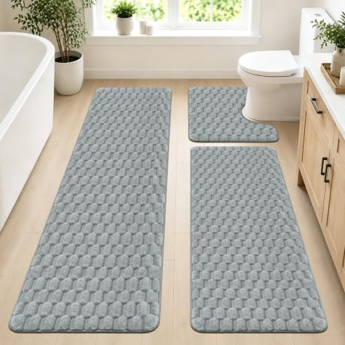 Capslpad badrumsmatta set 3 delar tvättbar absorberande badmatta halkfri mjuk badmatta set och U-formad WC matta för dusch badkar toalett vardagsrum sovrum badrum, grå