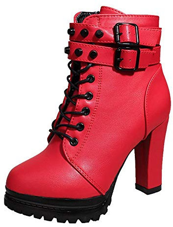 Logobeing Zapatos de Tacón Alto Botas Mujer Invierno Martain Boot Zapatos con Cordones de Cuero Botines Mujer Tacon Plataforma Zapatos (38,Rojo)