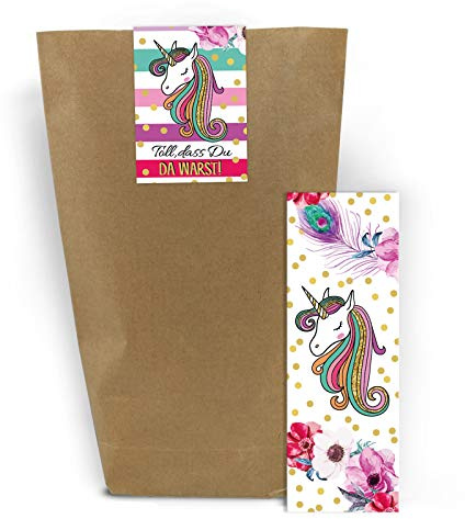 12 Lesezeichen + 12 Geschenktüten + 12 Aufkleber Einhorn Unicorn Mitgebsel Gastgeschenk beim Geburtstag Kindergeburtstag Hochzeit Taufe