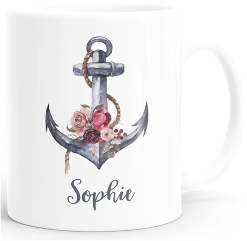 SpecialMe® personalisierte Kaffee-Tasse mit Namen Anker Blumen Namenstasse persönliche Geschenke Weiss Keramik-Tasse