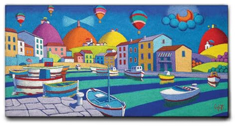 Giallobus - Quadro - Stefano Calisti - Mare barche mongolfiere - Tela Canvas Telaio Standard - 140x70 - Pronto da appendere - Quadri moderni per la casa