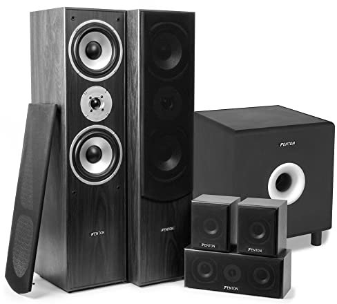Fenton Sistema Cine en casa 5.1 con subwoofer Activo 200W, 5 Altavoces pasivos, diseño Madera, Sonido Envolvente, Soportes incluidos, Ideal para películas, Series y Juegos