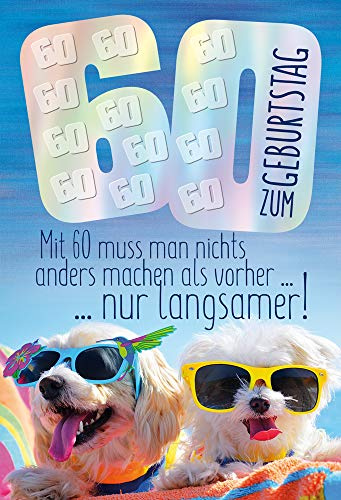 KE AV 60. Geburtstagskarte mit Umschlag, DIN B6 Format, Klappkarte - Hunde Motiv, Geschenk für Tierliebhaber