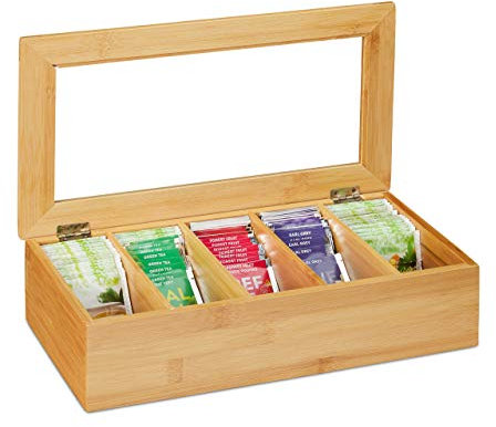 Relaxdays Scatola Porta Tè e Tisane, 5 Scomparti, Cofanetto con Finestrella, Organizer 9 x 37 x 20 cm, Bambù Naturale