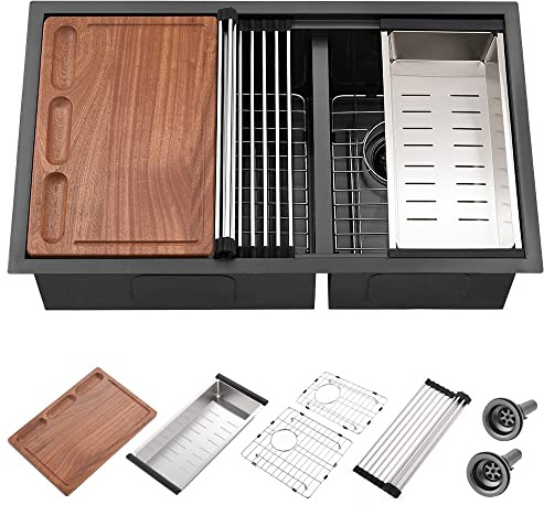 33 Inch Black Undermount Kitchen Sink Double Bowl-iAnomla 33x19 Black Stainless Steel Kitchen Sink Under Mount Workstation Sinks 16 Gauge 60/40 Low Divide Double Sinks with Cutting Board