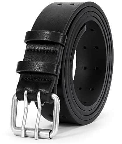 LEACOOLKEY Double Prong Leather Belts for Men PU Leather Work Belt For Jeans,2 Holes Casual Leather Belt for Men,Black，Fits Pants Size up to 38