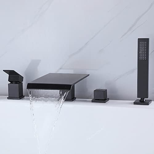 XJTNLB Badewannenarmatur Wasserfall 4-Loch Wannenrandarmatur Wannenkombinationmischbatterie Badewanne mit Brause-Schwarz
