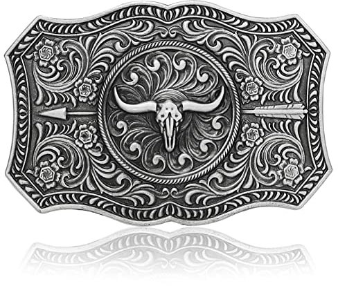 RechicGu Gürtelschnallen Herren Western Cowboy Schnalle Gravur LongHorn Bull Muster Vintage Mode Rodeo Gürtel Accessoire für Frauen, Bull-Silber, Medium