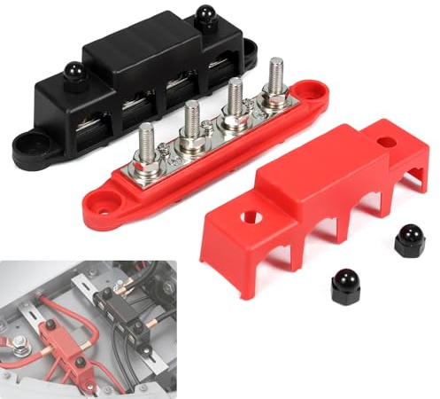 AULESSE 250A Power Distribution Block 4 x M8 Terminal Studs 12V-48V Bus Bar | Heavy Duty Busbar with Protective Cover, M8 Battery Busbar Terminal Block, For Car RV Ship Yacht, Two-pack, Red+Black