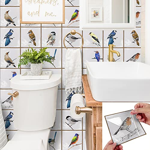 Alwayspon 30Pcs 15cm/6inch Retro White Tile and Birds Tile Sticker, Peel & Stick Self-Adhesive Splashback Fireplace Stairs Tile Sticker Transfers, Stick on Tile for Kitchen Bathroom Wall