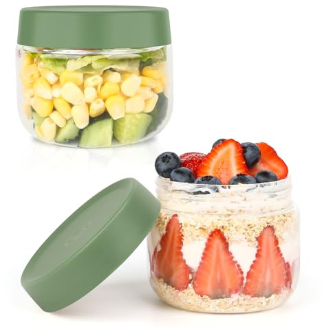 Musiwanna Rund Glasbehälter mit Deckel, 2er Set 300ml, Borosilikatglas Vorratsgläser Stapelbar, Klein Overnight Oats Gläser, Gläser für Müsli, Porridge, Jogurt, Chia Pudding, Gewürze, Marmelade (Grün)