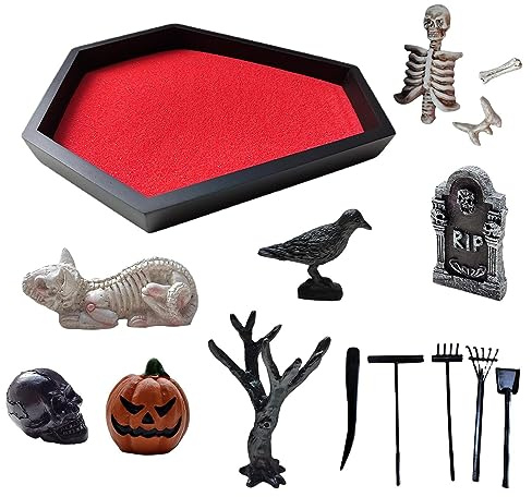 Supatmul Sarg Zen Garten mit RotemSand, Einzigartiger Sarg Zen-Garten für Schreibtisch, Gruselige Gothic Halloween Sandgarten mit Totenköpfen für Tischdekoration