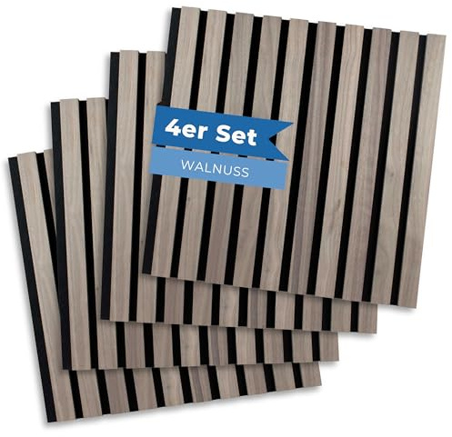 PROVISTON Akustikpaneele Holz 3D Wandpaneele Walnuss 40 x 40 cm 21 mm MDF Holzlamellen auf Filz schallabsorbierend, Wanddeko Wohnzimmer, Schlafzimmer, Küche - 4er Set