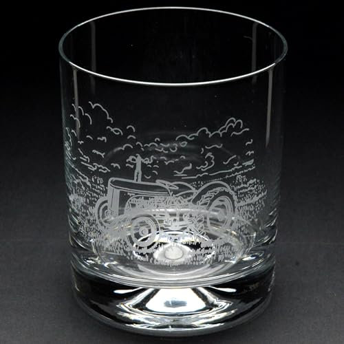 GLYPTIC GLASS ART 'Vintage Tractor' Hand Etched/Engraved Whiskey Tumbler Glass