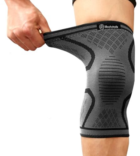 BODVITALS Ginocchiera (confezione da 2) - Manicotto di compressione per ginocchio - Cura sportiva del ginocchio - Corsa, sport indoor e outdoor, palestra, ciclismo, calcio, basket (Nero, XL)