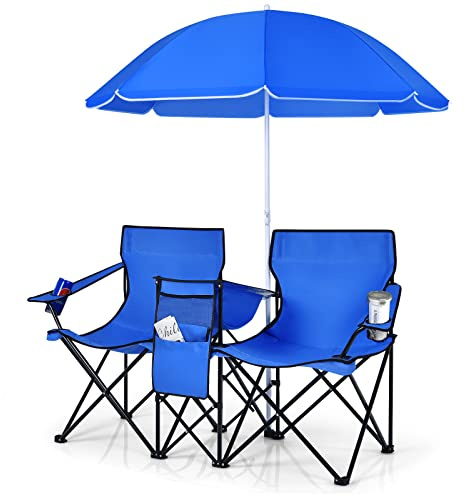 KOMFOTTEU Silla de Camping Plegable con Sombrilla, Silla de Pesca de 2 Plazas con Portavasos y Bolsa Nevera, Asiento Portátil con Bolsa de Transporte, Silla Doble de Playa, Picnic (Azul)