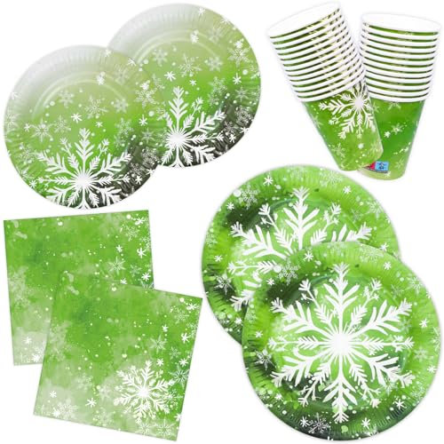 HNH Assiettes de Noël, Cristal de neige Lot de 100 Serviettes de table Assiettes à dessert et Gobelets en papier Vaisselle de fête jetables pour Noël